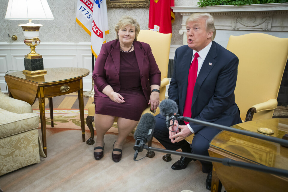 Statsminister Erna Solberg besøkte USAs president Donald Trump i det ovale kontor i Det hvite hus i Washington i oktober 2018. Statsminister Erna Solberg besøkte USAs president Donald Trump i det ovale kontor i Det hvite hus i Washington i oktober 2018. Foto: Heiko Junge / NTB